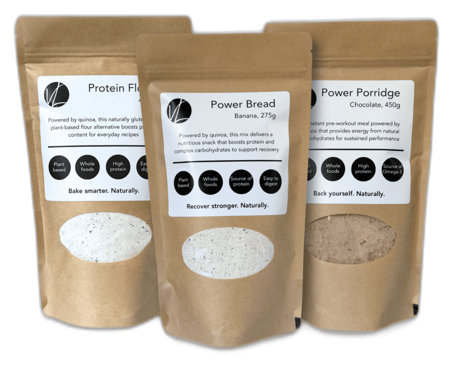 Back Yourself Starter Bundle: Power Porridge, Protein Flour and Power Bread mix in kraft pouches. Save 20%.